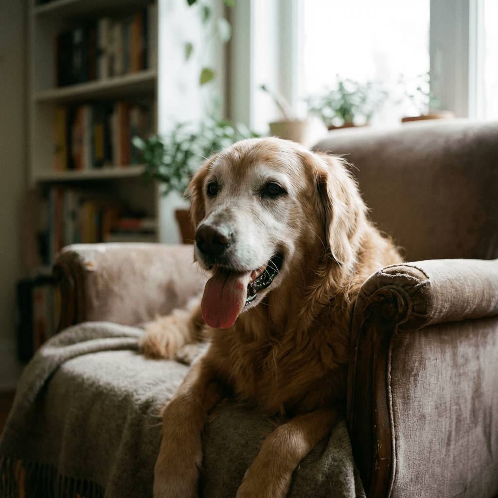A happy golden retriever sitting in a brown armchair with its tongue out.