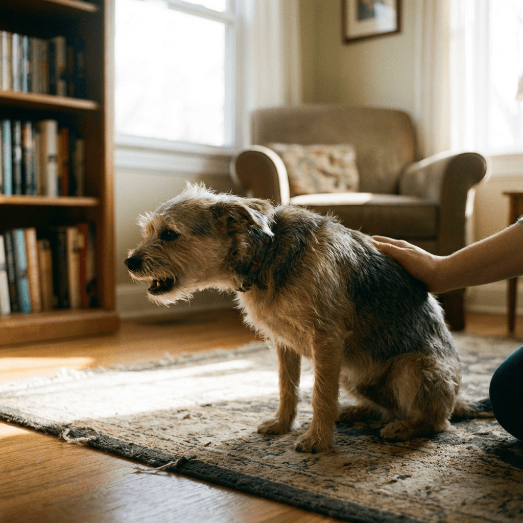 Scruffy terrier-mix dog showing teeth while a hand pets its back in a living room.