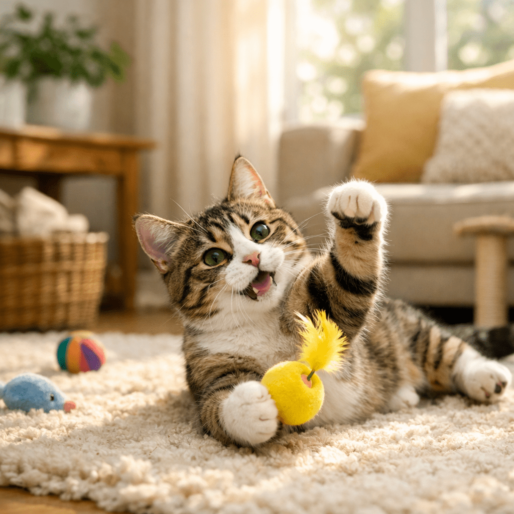 Tabby cat lying on rug playing with yellow feather toy