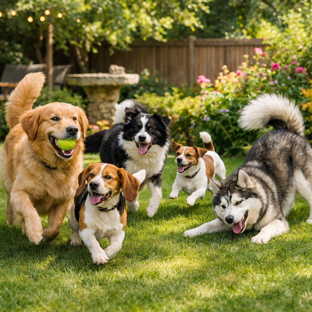Five dogs running and playing on green grass with a tennis ball