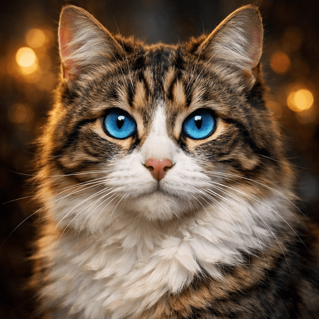 Tabby cat with bright blue eyes and fluffy fur facing forward