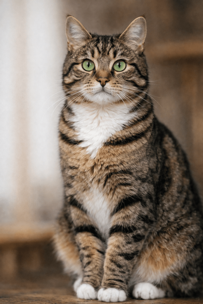 Tabby cat with green eyes and white chest sitting attentively