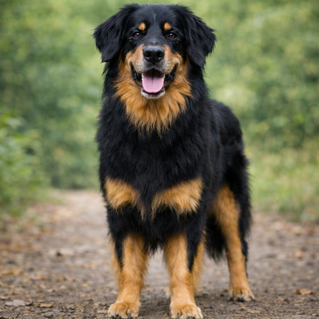 Bernese Mountain Dog standing on a dirt path outdoors