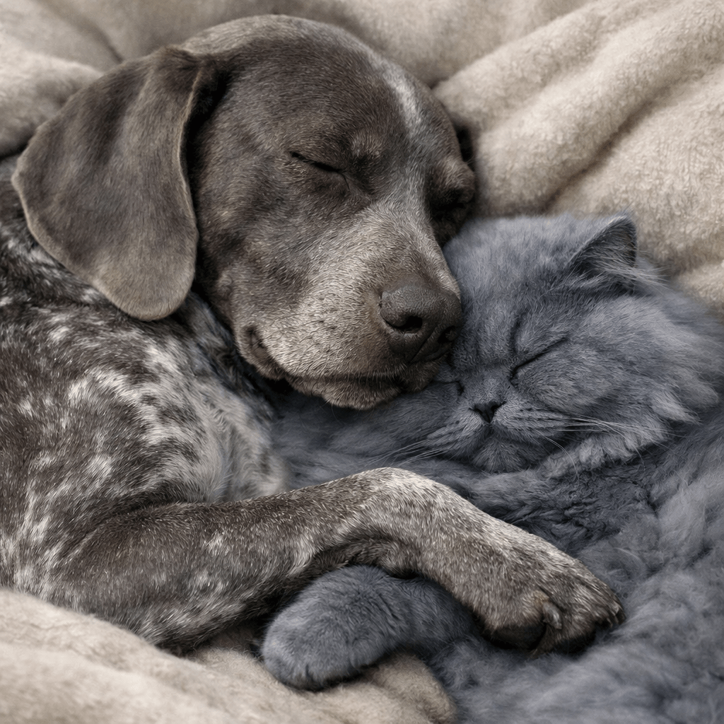 A dog and a fluffy cat cuddling and sleeping together on a blanket