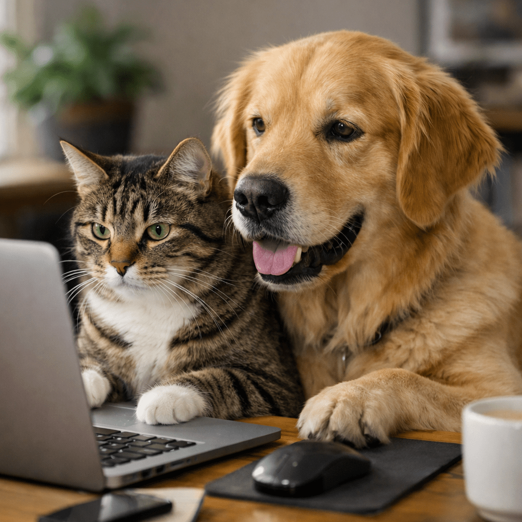 Tabby cat and golden retriever looking at laptop screen together