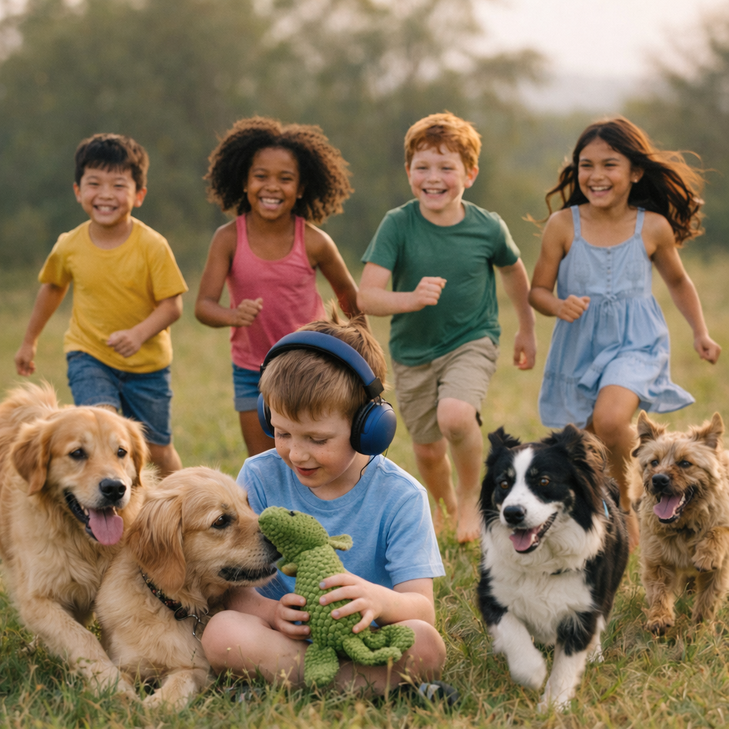 Four children running barefoot in a field with four happy dogs