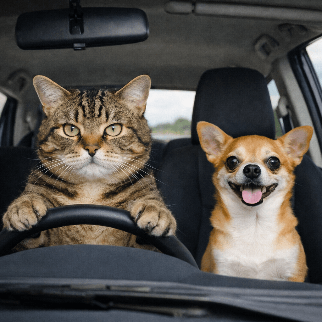Cat driving left seat, no clothing