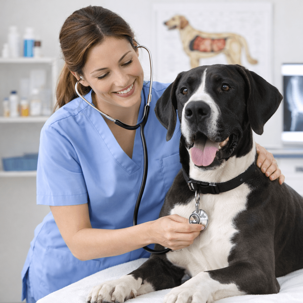 Veterinarian using stethoscope on a golden retriever at vet clinic