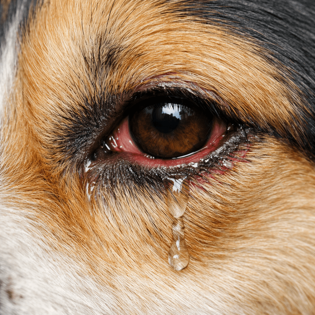 Close-up view of a dog's eye showing a tear dropping