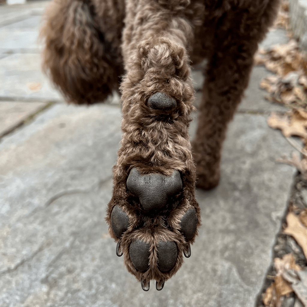 Curly brown dog paw with visible black paw pads on a stone pavement