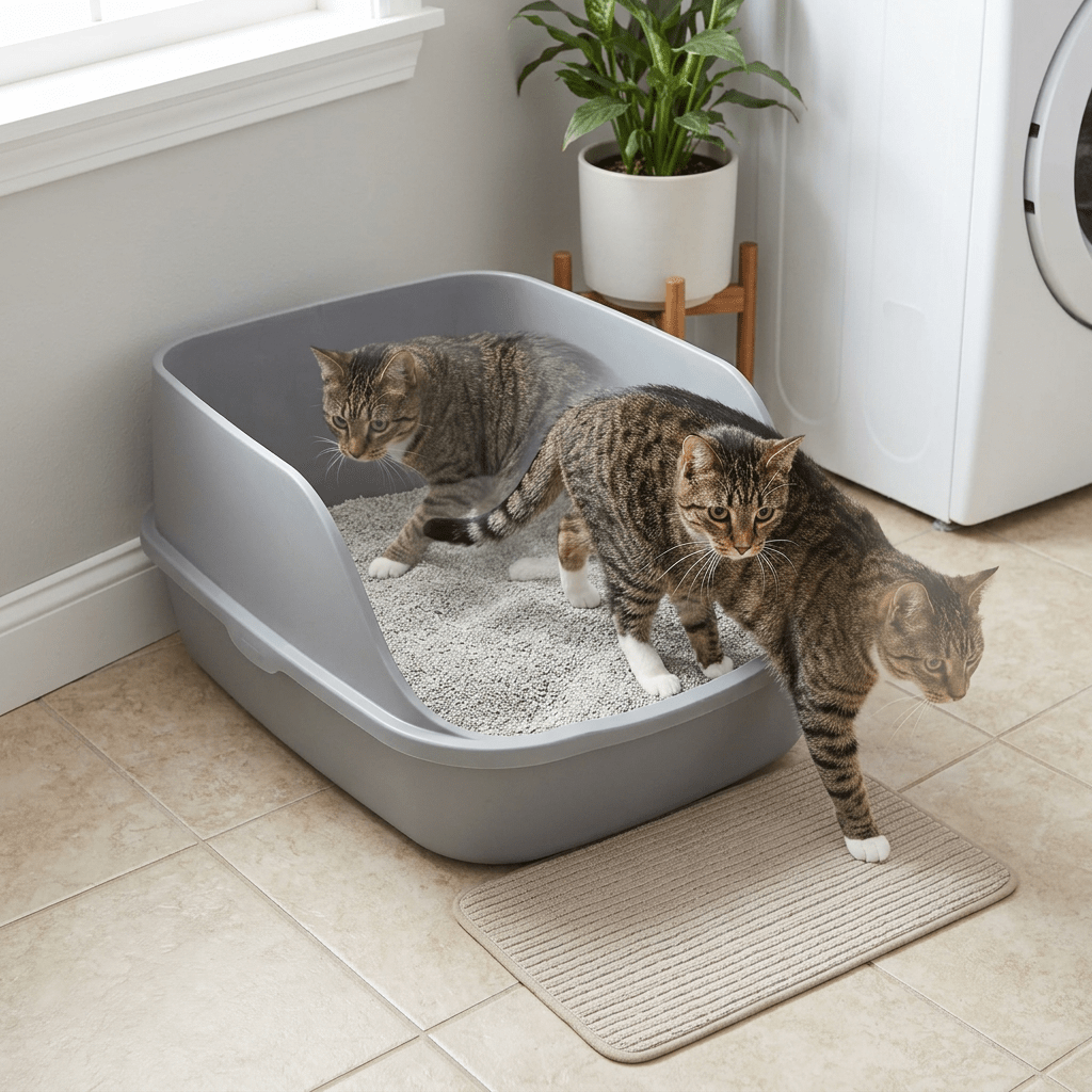 Tabby cat leaving a gray litter box filled with litter on tile floor near a washing machine and plant.