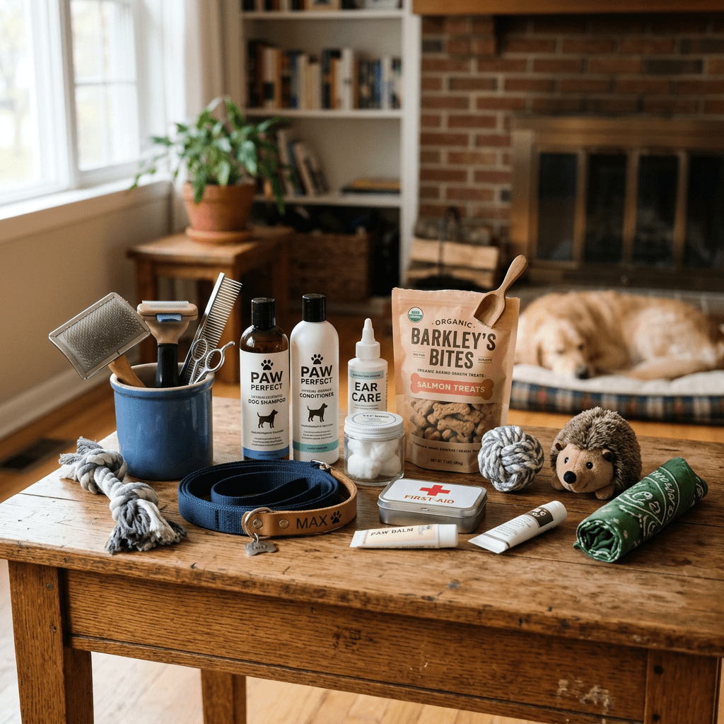 Dog grooming tools, shampoo, treats, toys, and first aid kit on wooden table