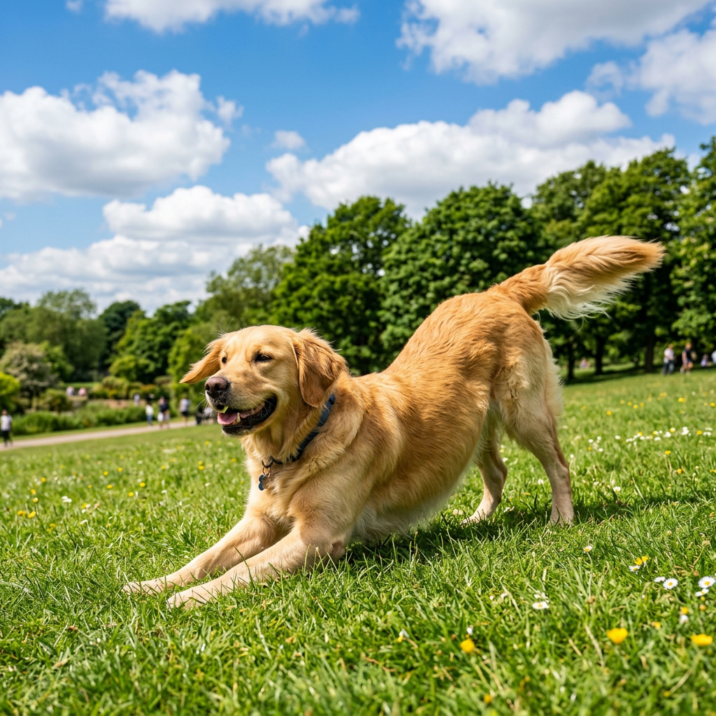 Golden Retriever dog stretching on green grass in a park