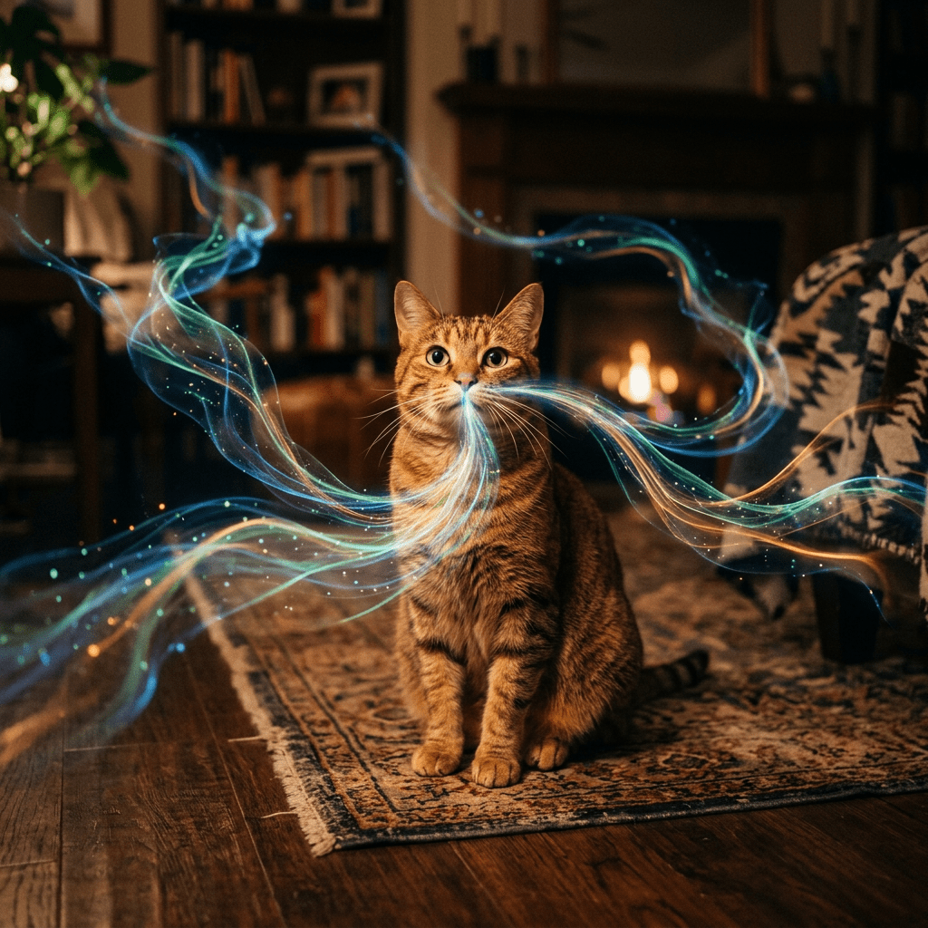 Tabby cat sitting on a rug emitting colorful swirling light streams from its mouth