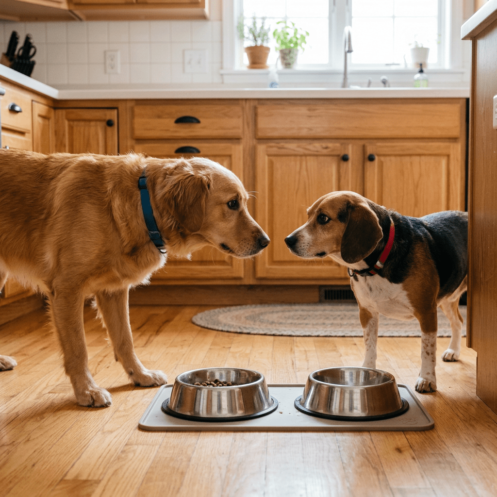 Golden retriever and beagle standing in kitchen near stainless steel dog bowls on wooden floor