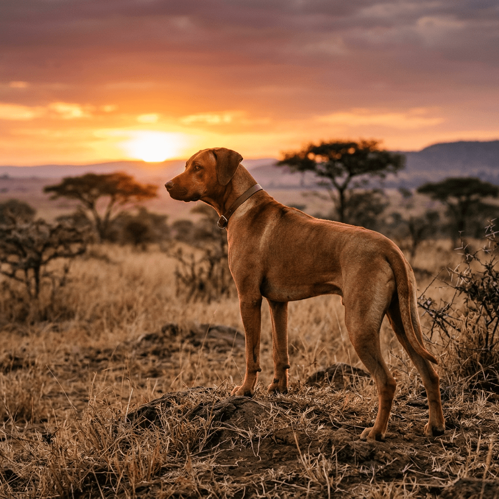 A brown dog standing on rocky dry grassland at sunset with trees in the background