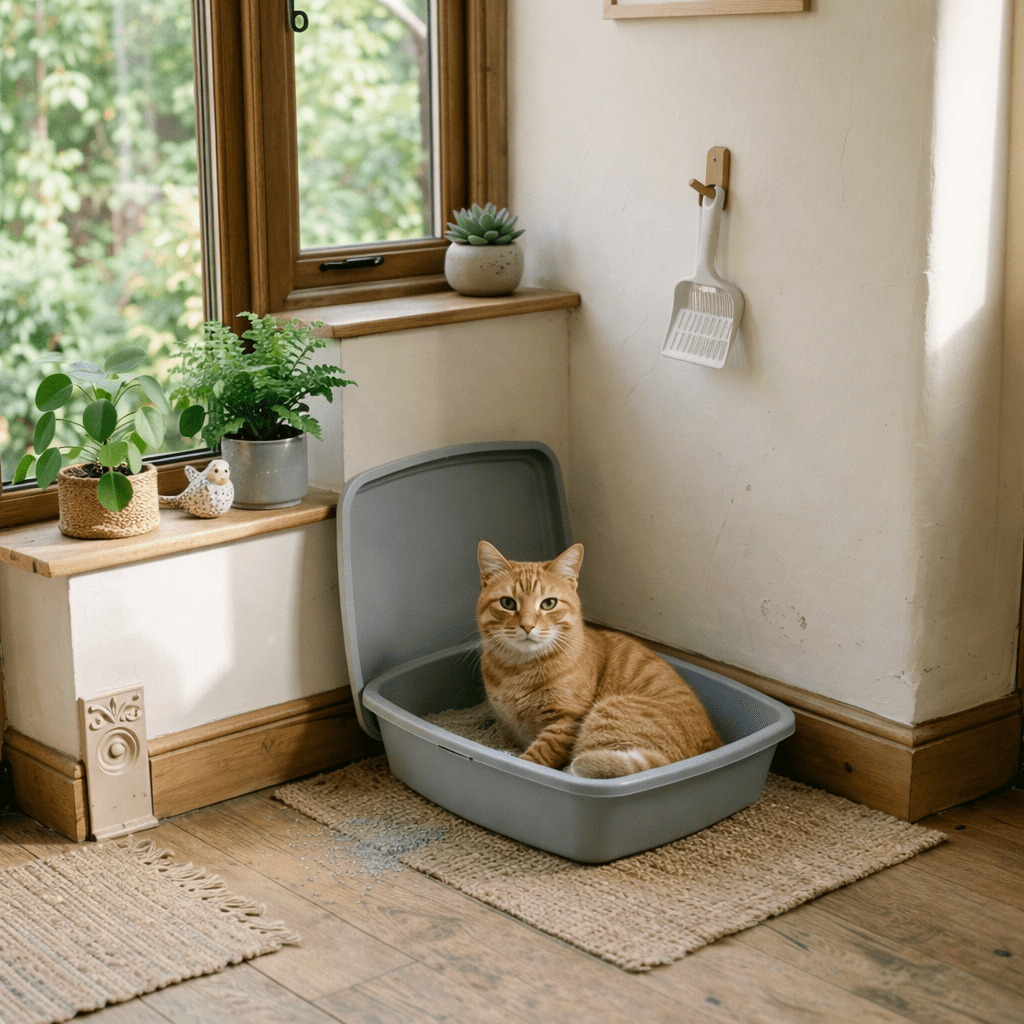 Gray cat litter box filled with litter beside window with plants and scooper on wall