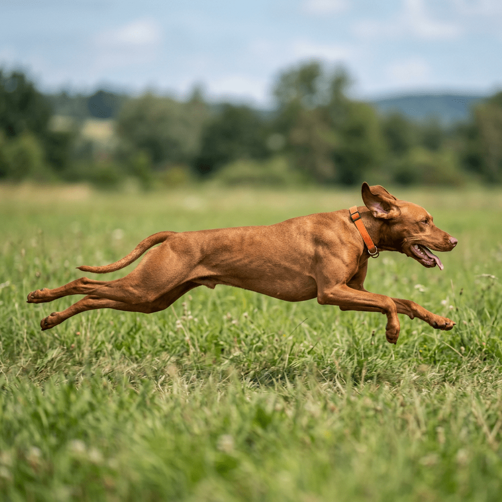 Brown dog running fast with ears flapping and tongue out in a green field
