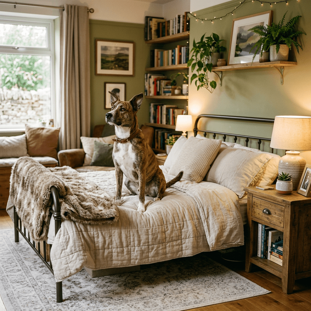 Brindle dog sitting on bed in cozy bedroom with bookshelves and plants
