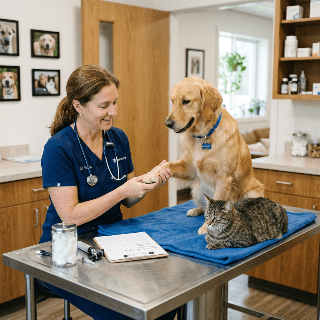 Veterinarian holding golden retriever's paw with cat lying on blue blanket on exam table