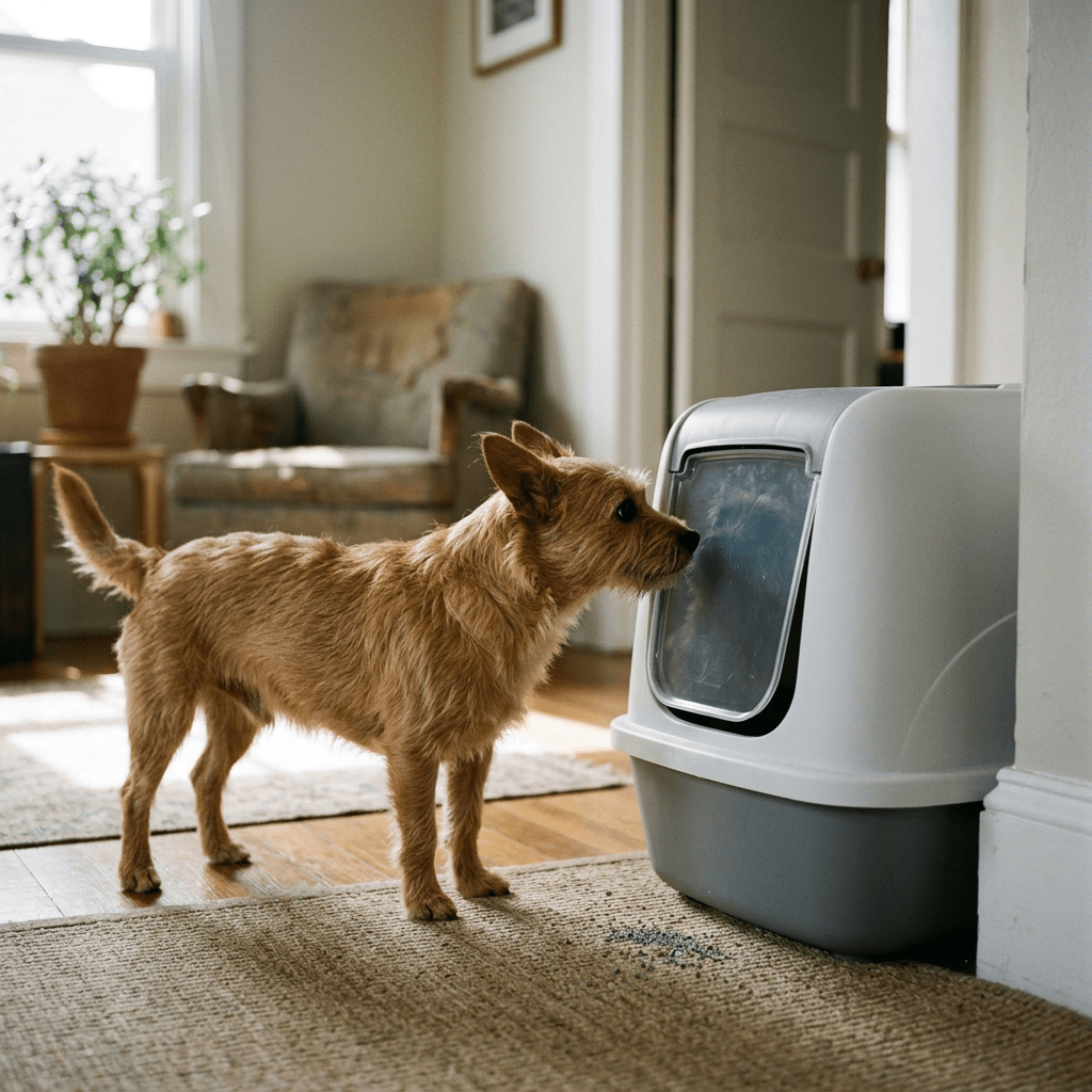 Small brown dog sniffing covered litter box indoors