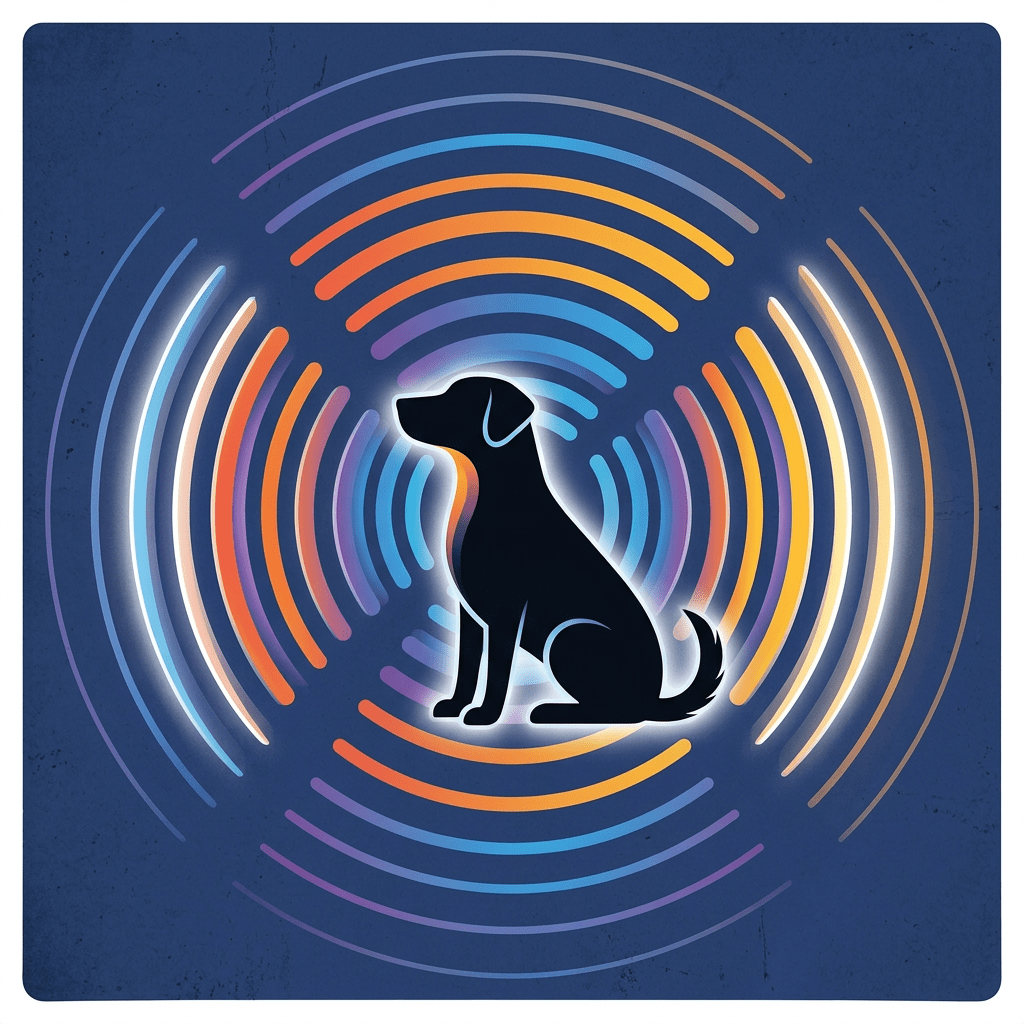 Black dog silhouette with colorful concentric soundwave arcs on blue background