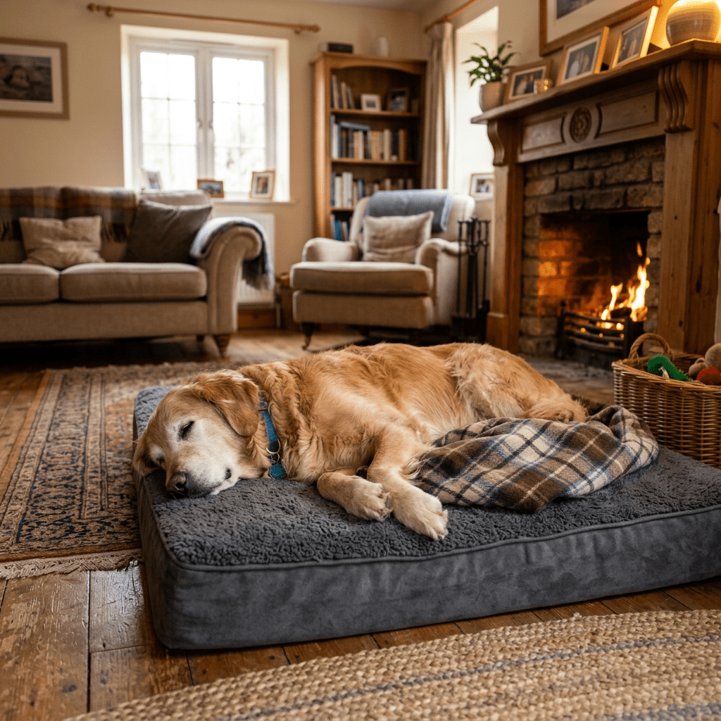 Golden retriever dog sleeping on a gray dog bed near a lit fireplace in a comfortable living room