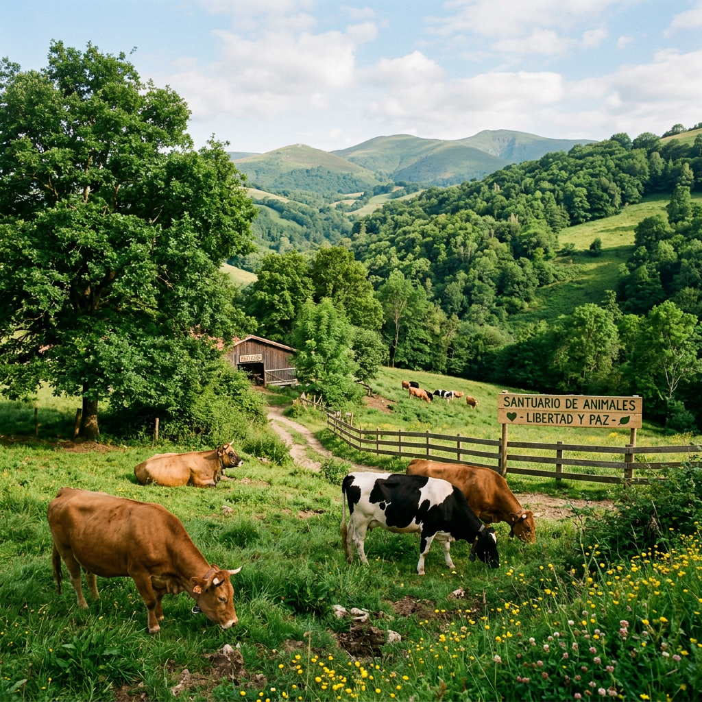 Cows grazing in a grassy field at an animal sanctuary with a sign reading 'Santuario de Animales - Libertad y Paz'