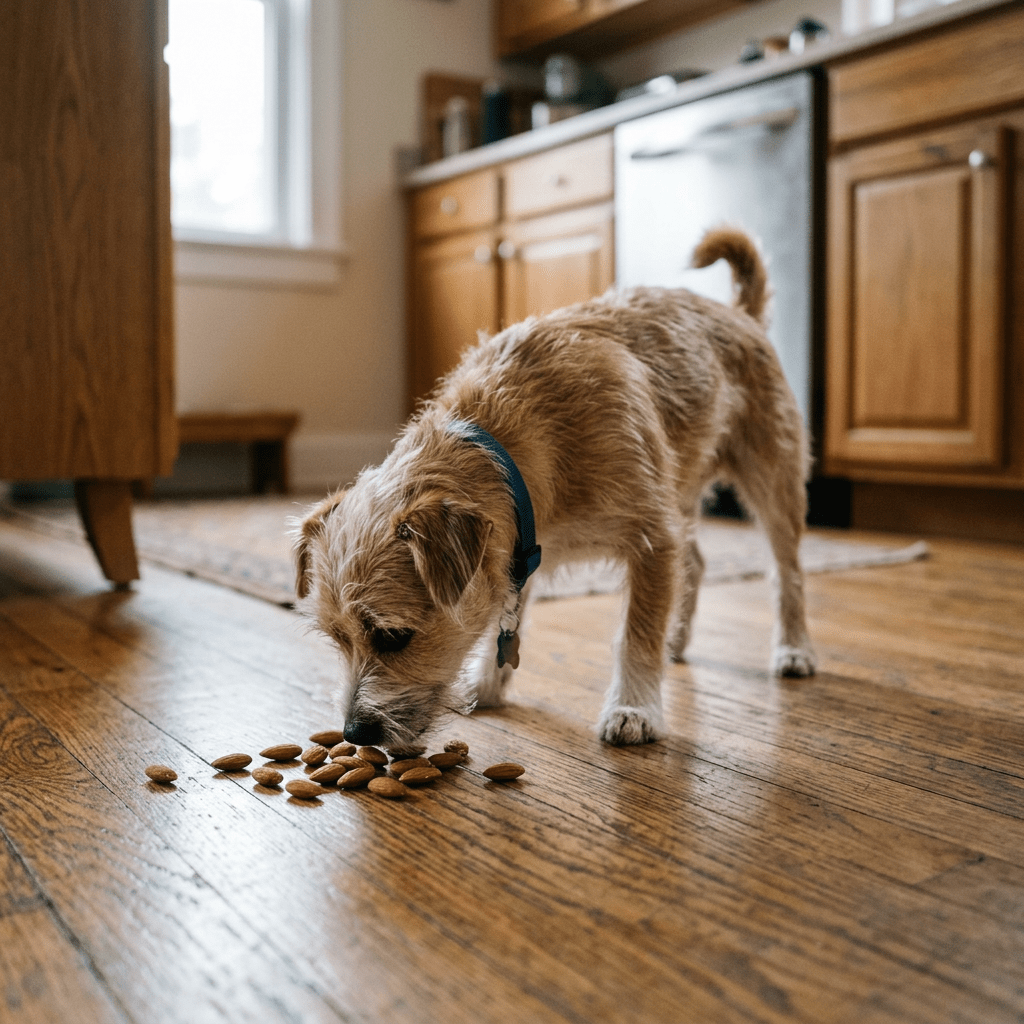 Small dog with blue collar sniffing almonds on wooden floor in kitchen