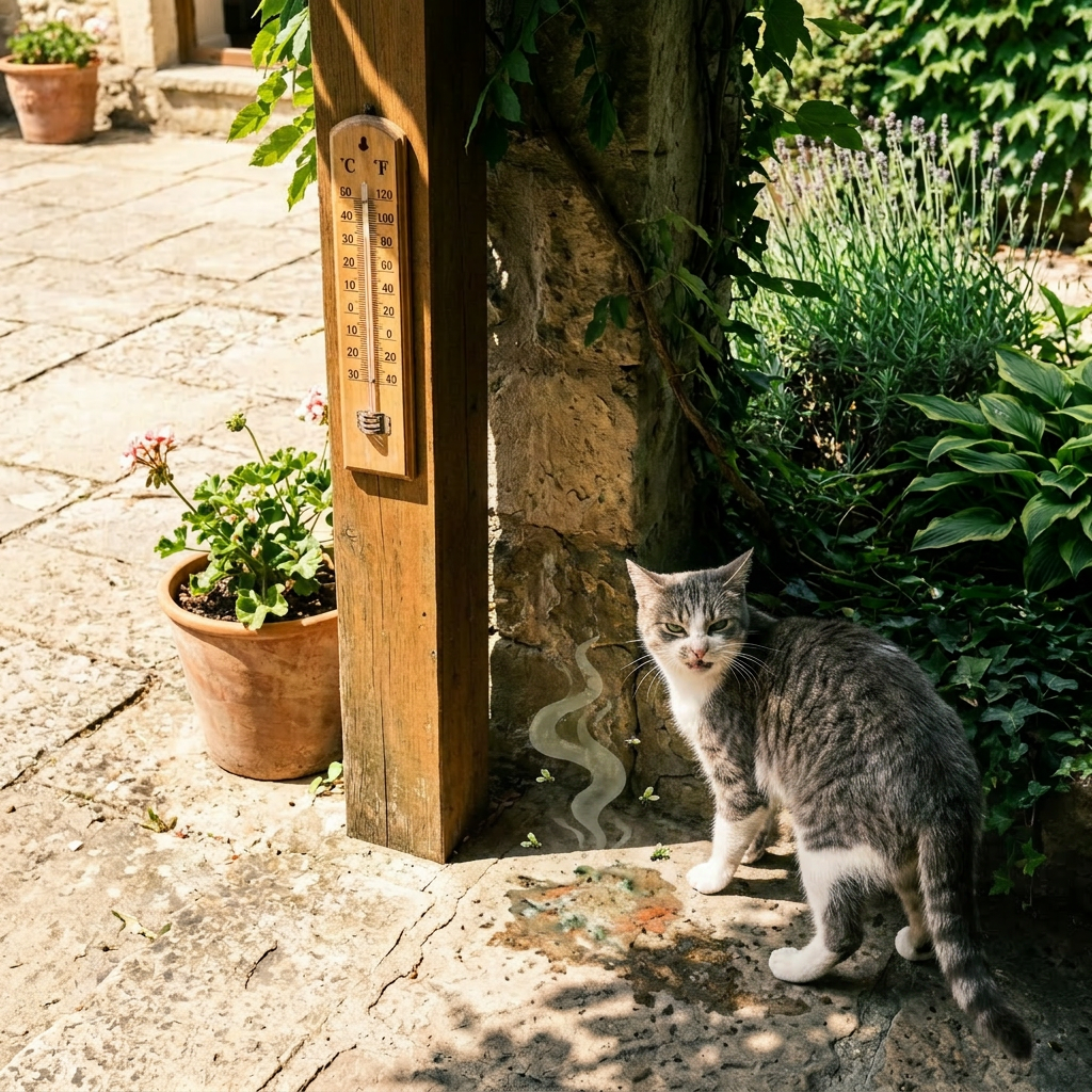 Outdoor pet food and water bowls next to wooden post with thermometer