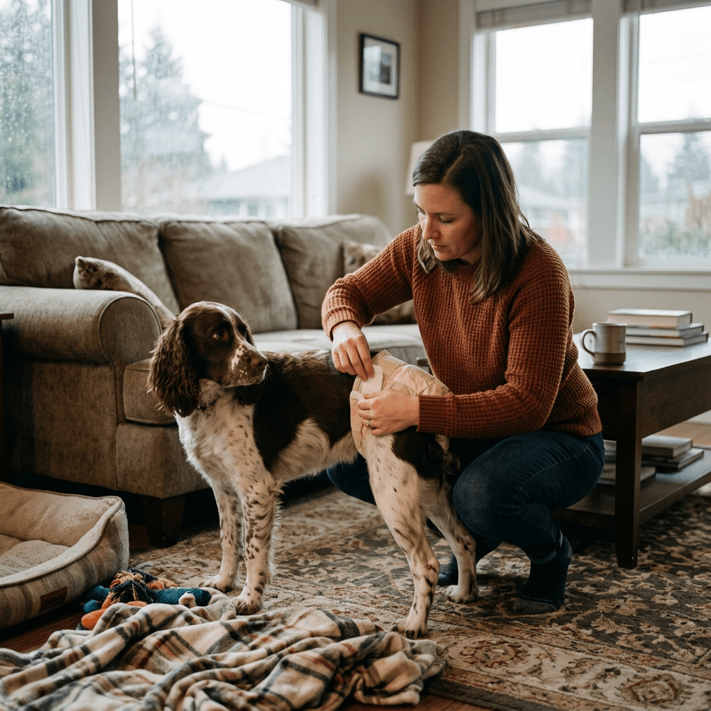 Woman putting a diaper on a brown and white dog in a living room