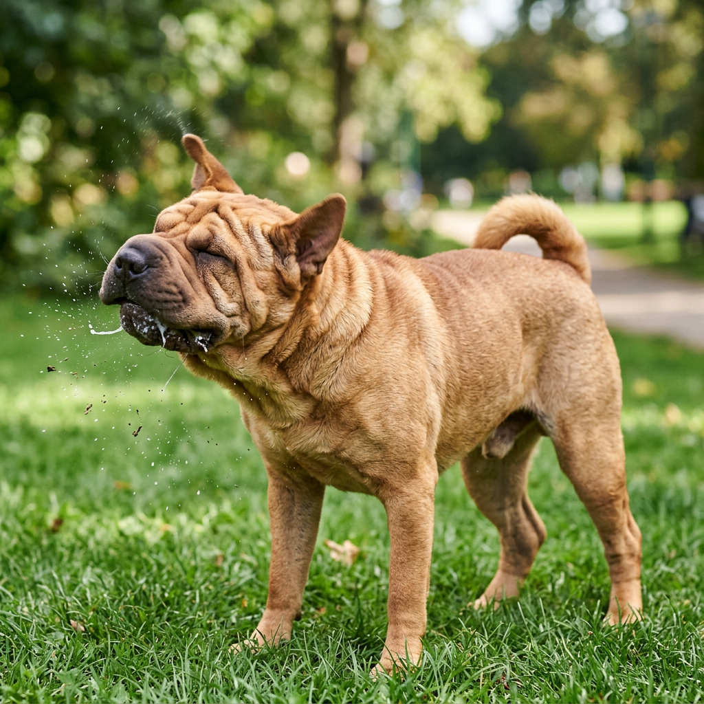 Shar Pei dog shaking its head with water droplets spraying in a park