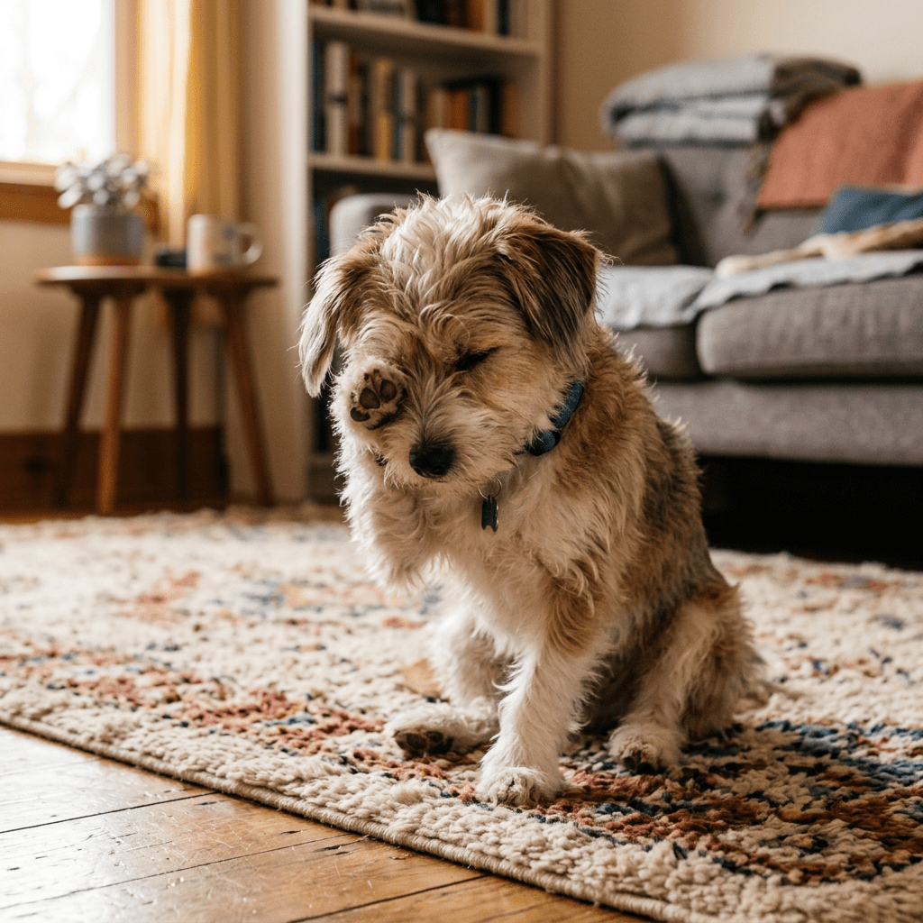 Small scruffy dog raising paw to face on colorful rug indoors