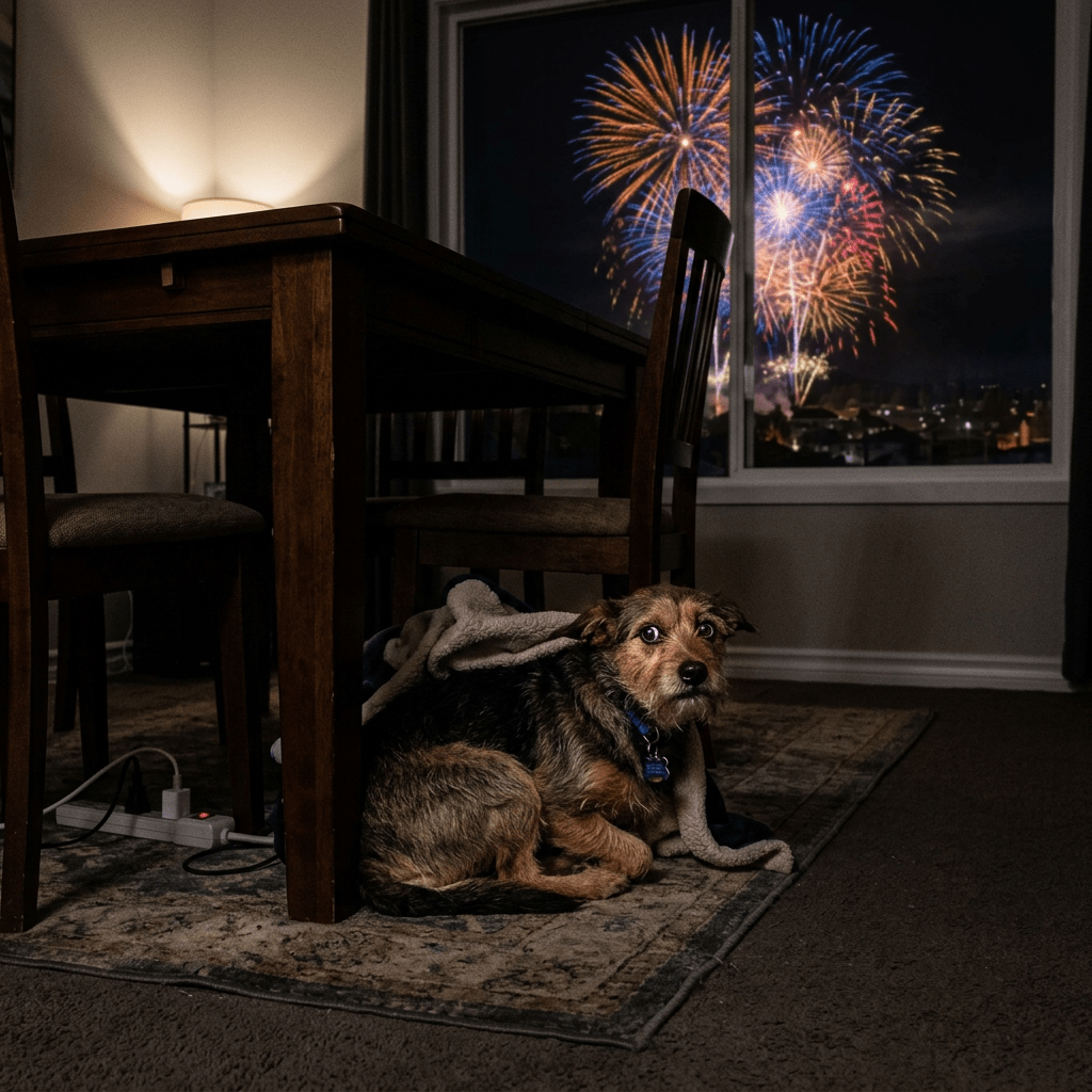 Dog under dining table wrapped in blanket with fireworks outside window