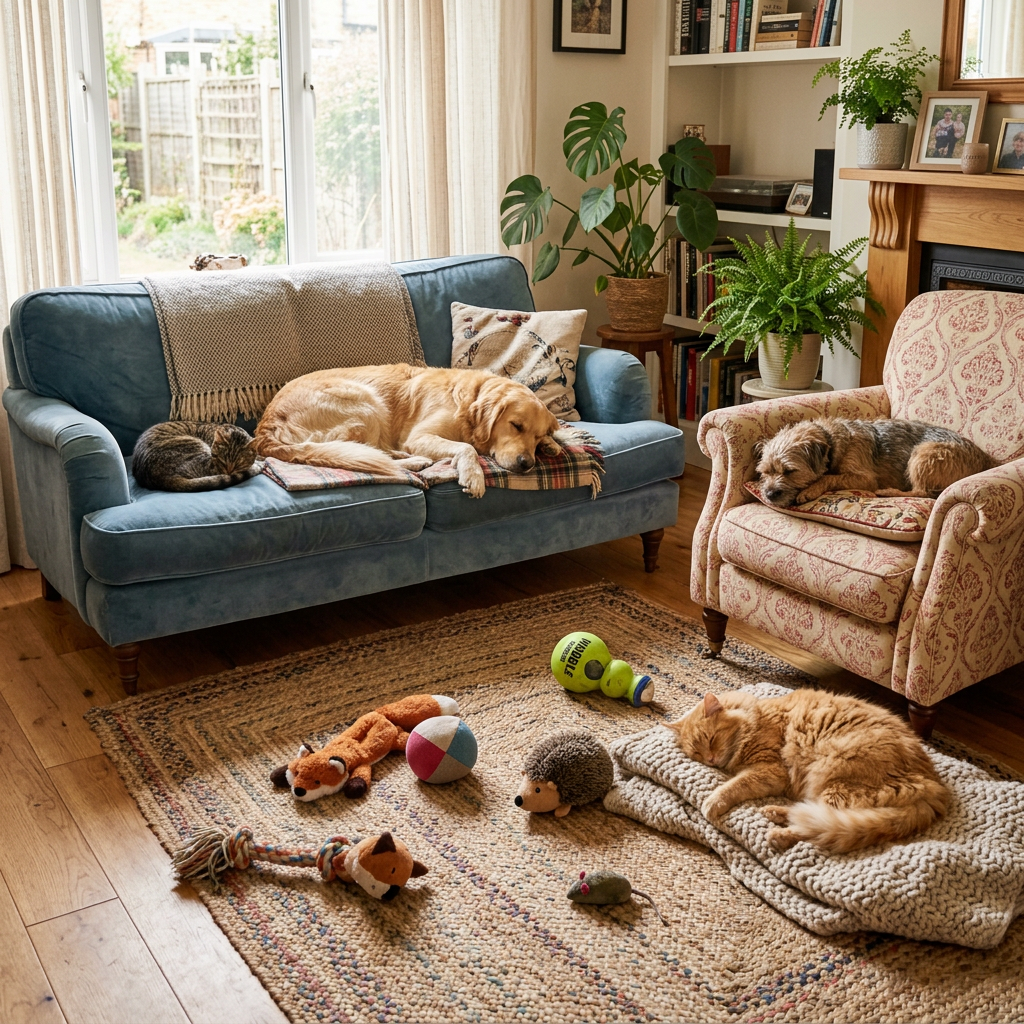 Two dogs and two cats resting on couch, armchair, and blanket in living room