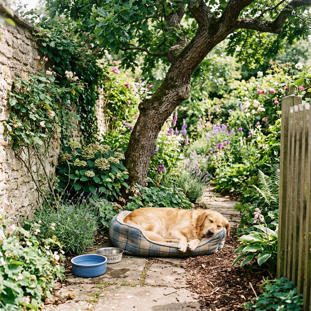 Golden retriever sleeping in a plaid dog bed under a tree in a flower-filled garden pathway