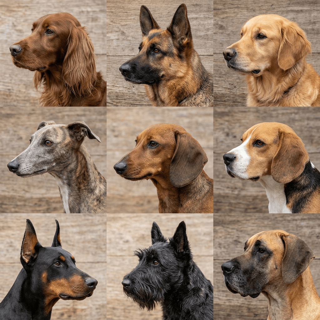 Profiles of nine different dog breeds against a wooden backdrop