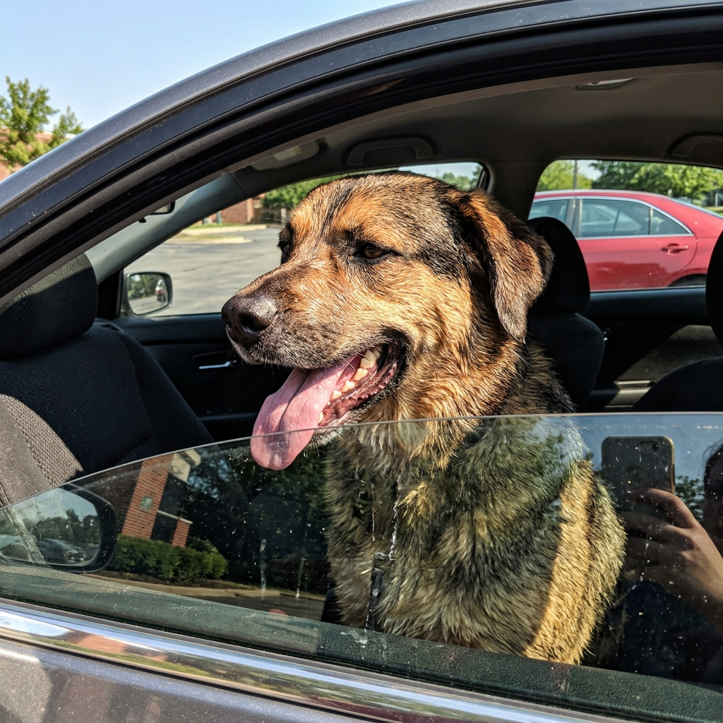 Dog sitting in car with window down, tongue out