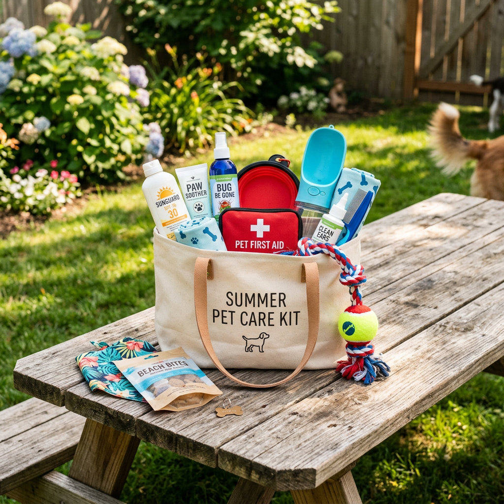 Bag labeled Summer Pet Care Kit with sunscreen, paw soother, bug spray, first aid, leash, toys, and grooming supplies