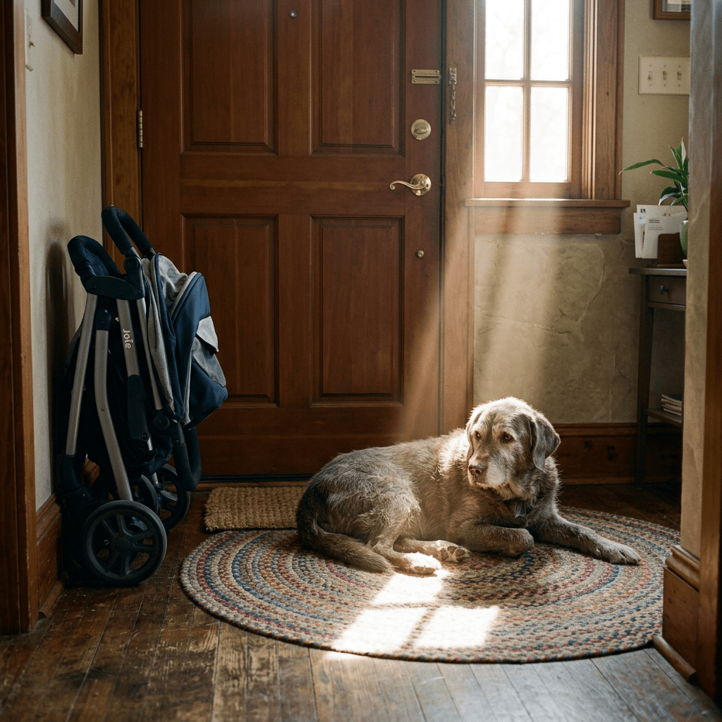 Dog lying on a round woven rug in front of a wooden door with sunlight streaming through a nearby window