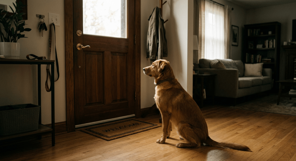 Golden retriever sitting and looking at a wooden front door inside a living room
