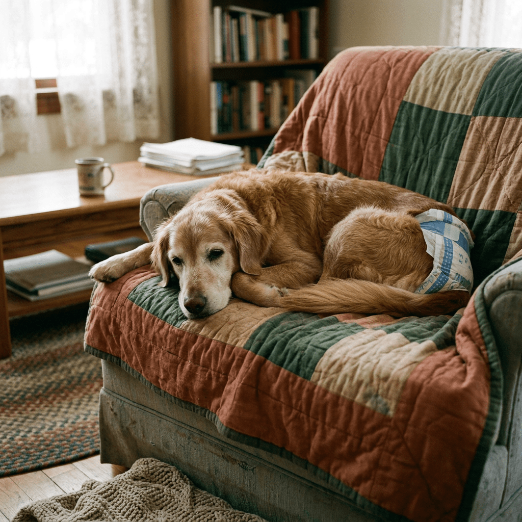 Golden retriever dog resting on couch with a diaper on indoors