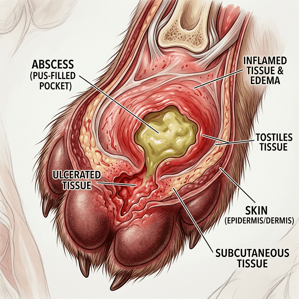Canine paw cross-section showing abscess, inflamed tissue, ulcerated tissue, and skin layers with labels