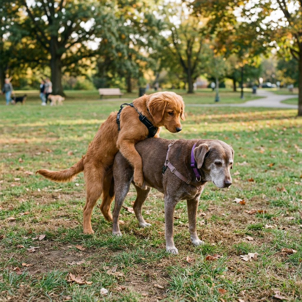 Young golden retriever dog mounting an older gray dog in a grassy park