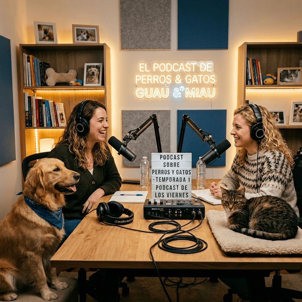 Two women with headphones speaking into microphones at a podcast table with a dog sitting on one side and a cat resting on a cushion on the other