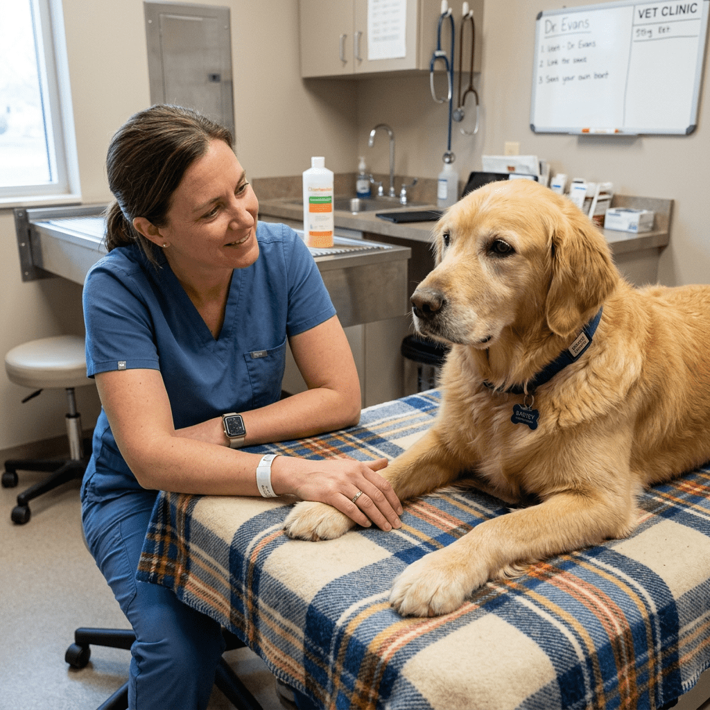 Veterinarian in blue scrubs holding paw of a golden retriever on an exam table in a veterinary clinic