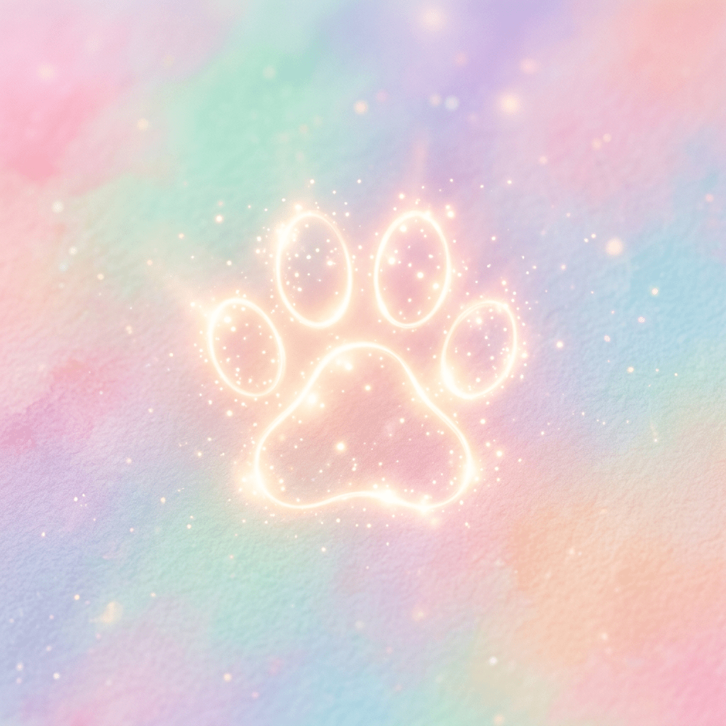Glowing paw print with sparkles on a pastel gradient background