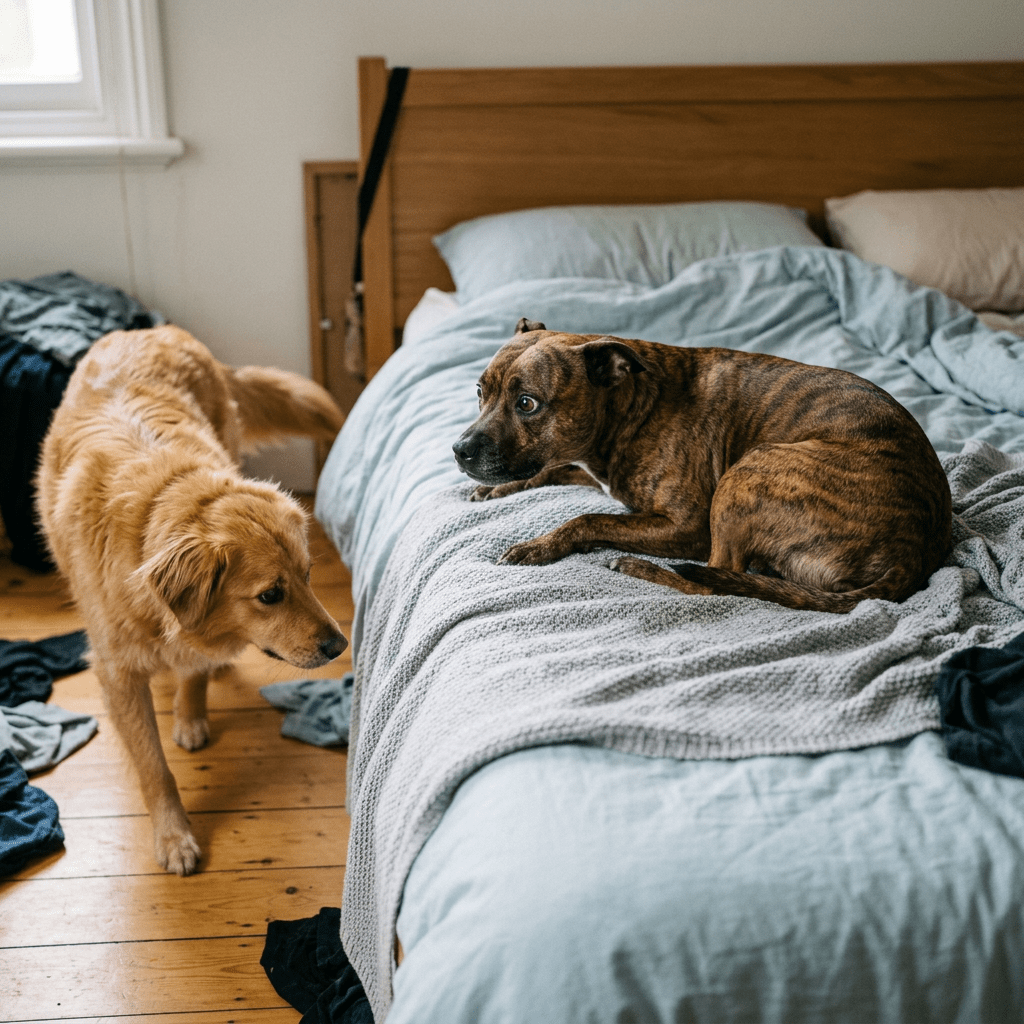 Golden retriever dog approaching a brindle dog lying on a bed with light blue bedding