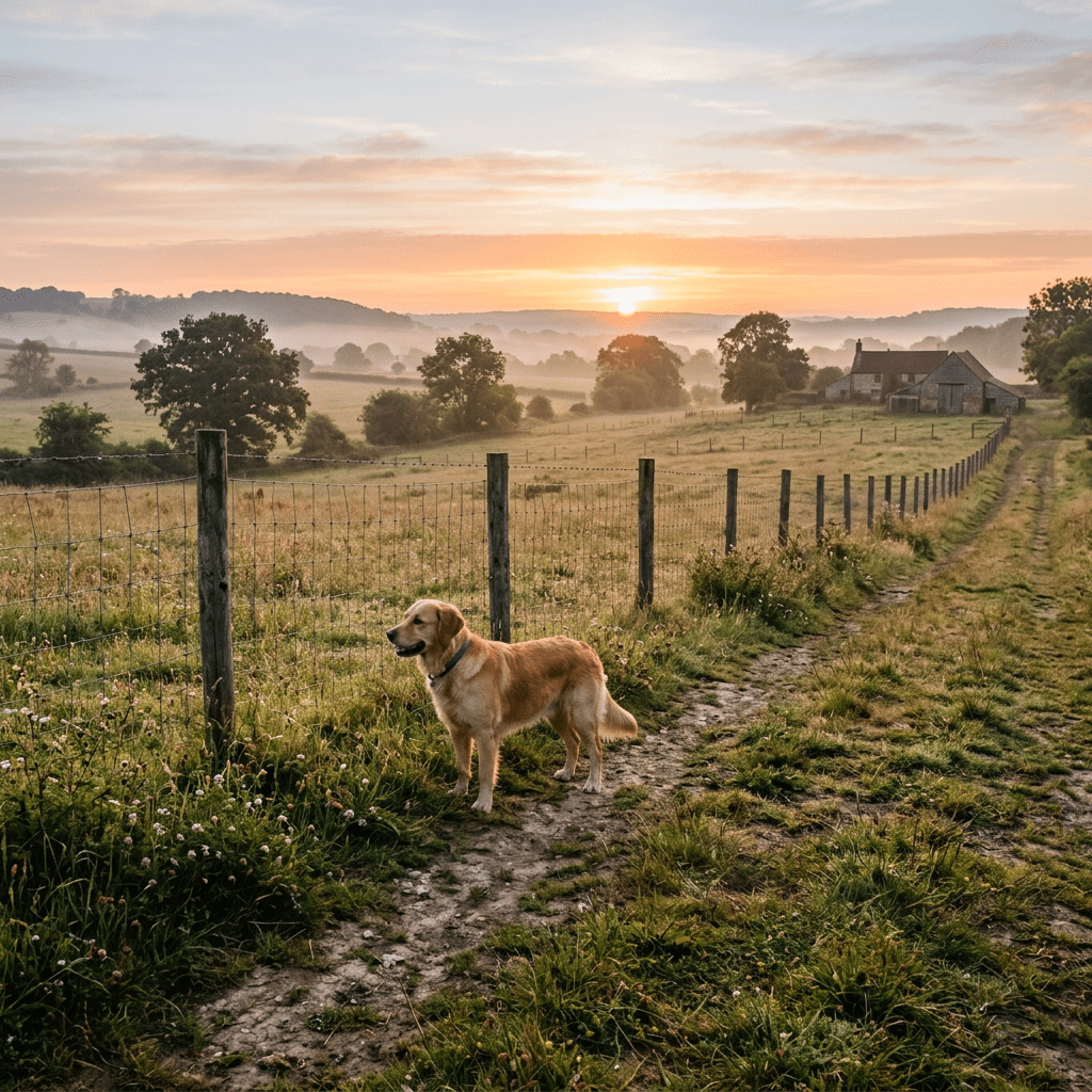 Golden retriever standing on dirt path next to a wire fence in a grassy field during sunrise