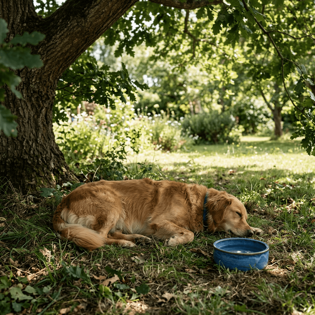 Golden retriever sleeping on grass under tree shade with blue water bowl